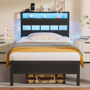 Full Size Bed Frame with LED Lights, Charging Station & Storage Headboard
