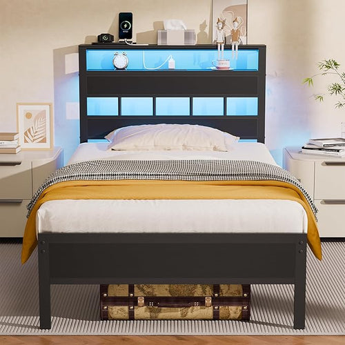 Full Size Bed Frame with LED Lights, Charging Station & Storage Headboard