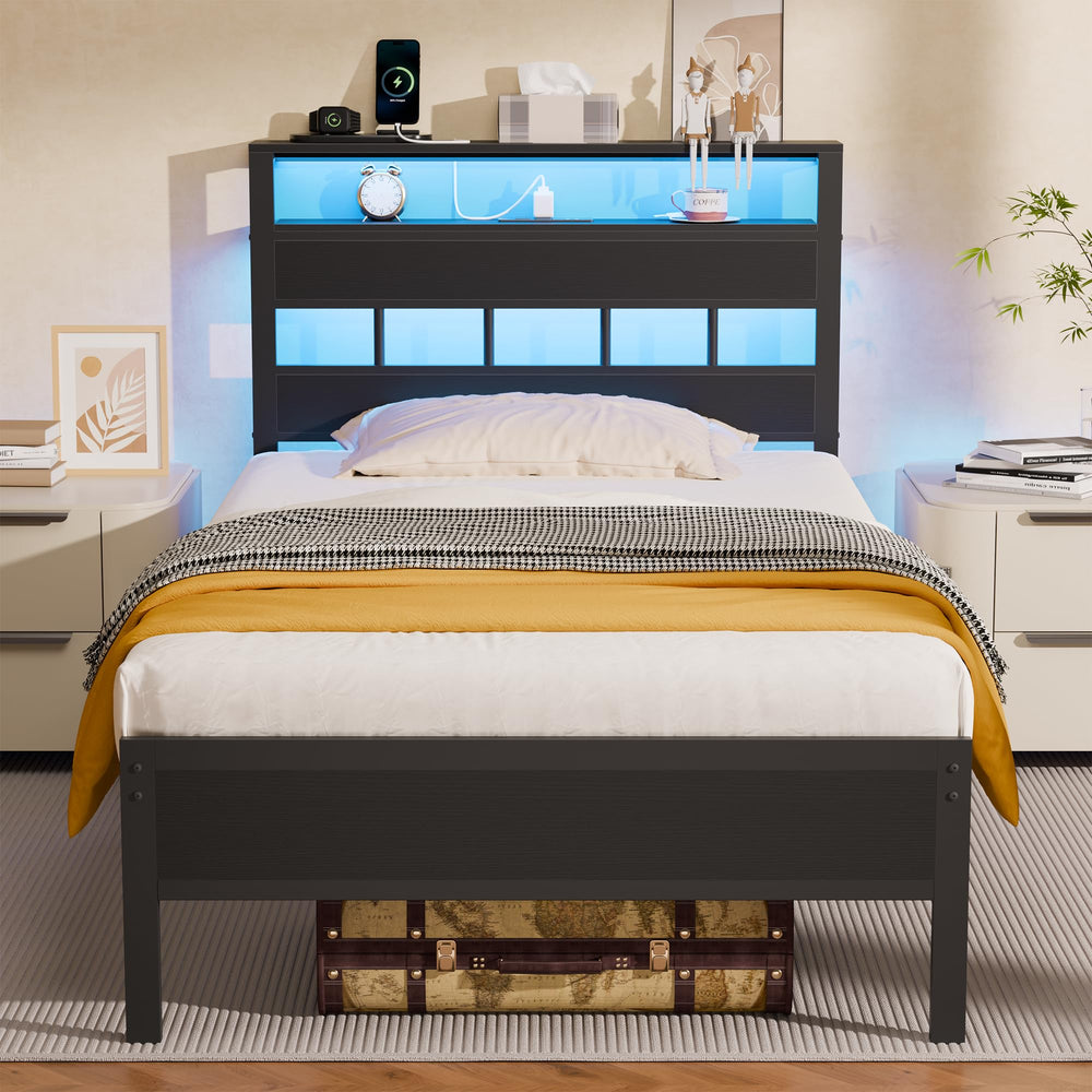 Platform Bed Frame with LED Lights & Charging Station