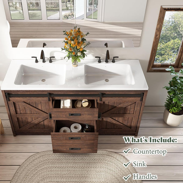 60" Farmhouse Bathroom Double Vanity with Integrated Sink & Sliding Barn Door