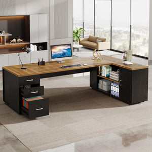 L-Shaped Executive Desk with File Drawers & Cabinet