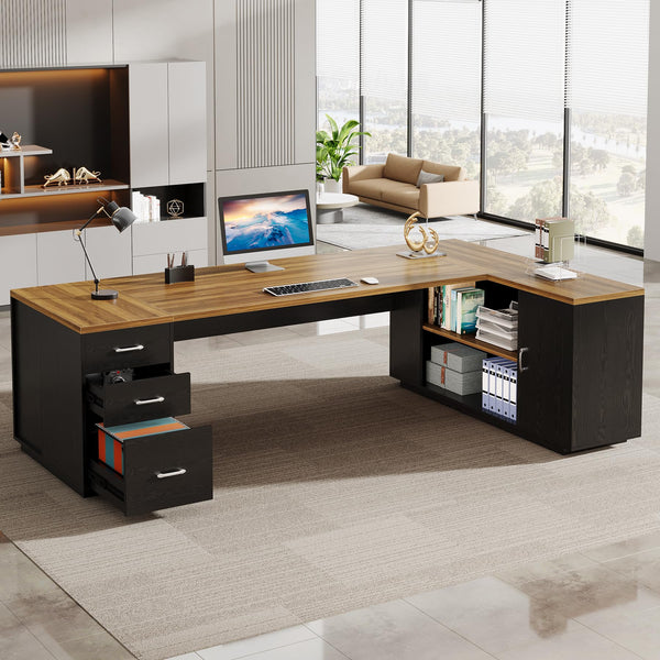 L-Shaped Executive Desk with File Drawers & Cabinet