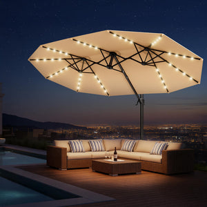 15FT Rectangular Cantilever Patio Umbrella with Solar LED Lights & Weighted Base