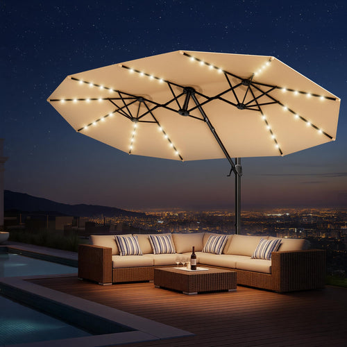15FT Rectangular Cantilever Patio Umbrella with Solar LED Lights & Weighted Base