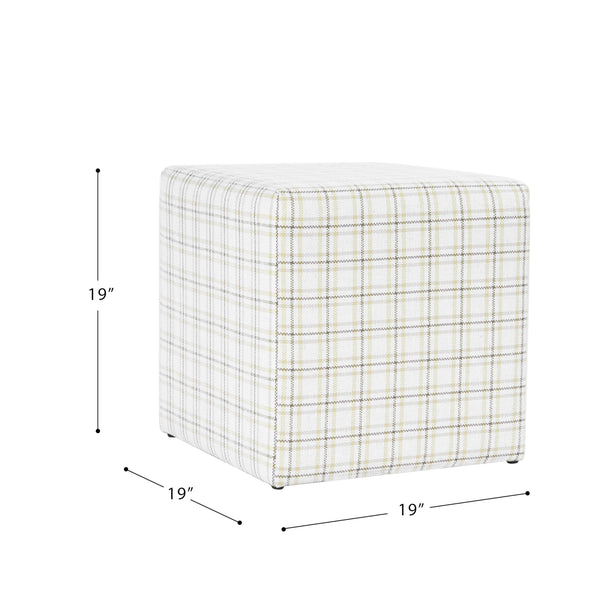 19" Square Upholstered Cube Ottoman – Wood Frame, Plaid Fabric