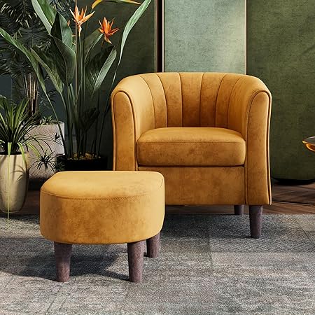 Barrel Accent Chair with Ottoman – Velvet