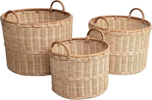 Handwoven Rattan Nesting Storage Baskets with Handles — Set of 3