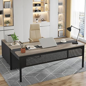 L-Shaped Executive Desk with Mobile File Cabinet & Storage Shelves