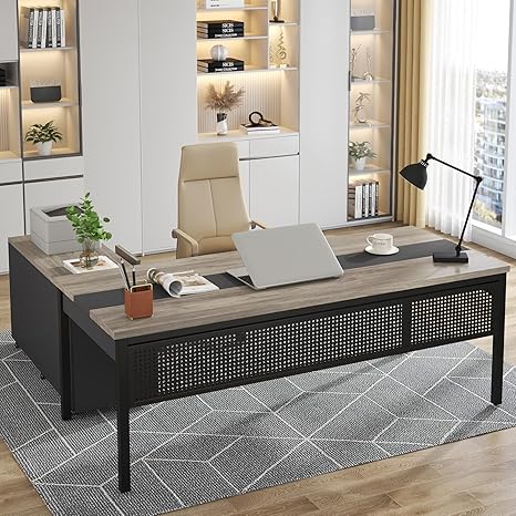 L-Shaped Executive Desk with Mobile File Cabinet & Storage Shelves