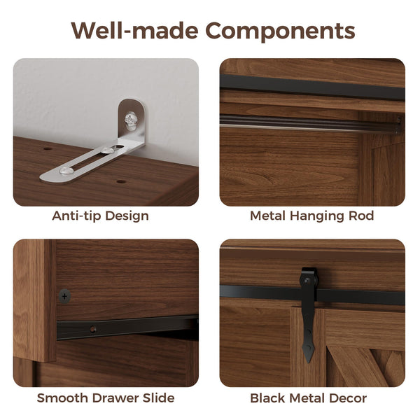 Sliding Barn Door Wardrobe with 4 Drawers & Hanging Rod — 71" Tall Bedroom Armoire