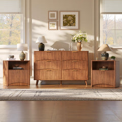 Mid-Century 3-Piece Bedroom Set – Fluted 6-Drawer Dresser & 2 Nightstands (Walnut)