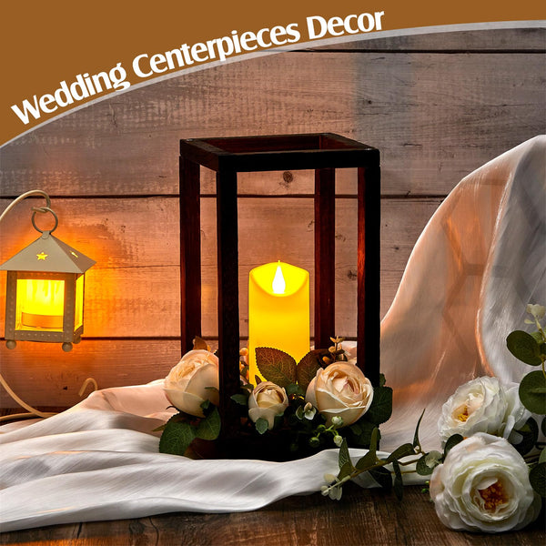 Wood Lantern Wedding Centerpiece Set with LED Candles & Eucalyptus Wreaths – 10 Sets