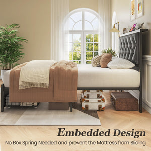 Metal Platform Bed Frame with Storage Drawers & Charging Station