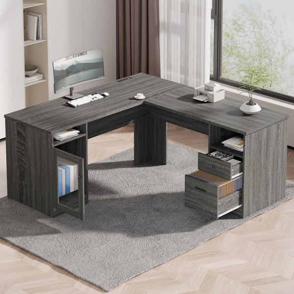 L-Shaped Desk with File Cabinet & Power Outlets – 60 Inch Corner Computer Desk
