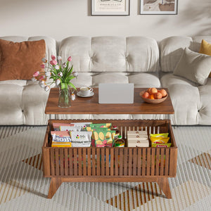 Lift Top Coffee Table with Hidden Compartment, Mid Century Modern Coffee Table for Living Room, Fluted Design Farmhouse Center Table with Storage (Walnut, 35.4" W)