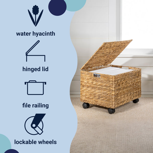 Hyacinth Rolling Filing Basket with Lid & Lockable Wheels
