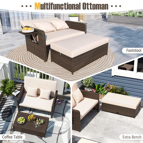 Outdoor Rattan Daybed with Storage Ottoman & Adjustable Backrest