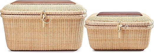 Rectangular Handwoven Rattan Storage Basket Set with Lid