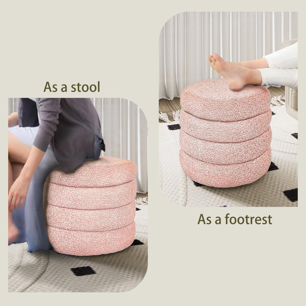 Round Storage Ottoman with Removable Lid – Upholstered Vanity Stool
