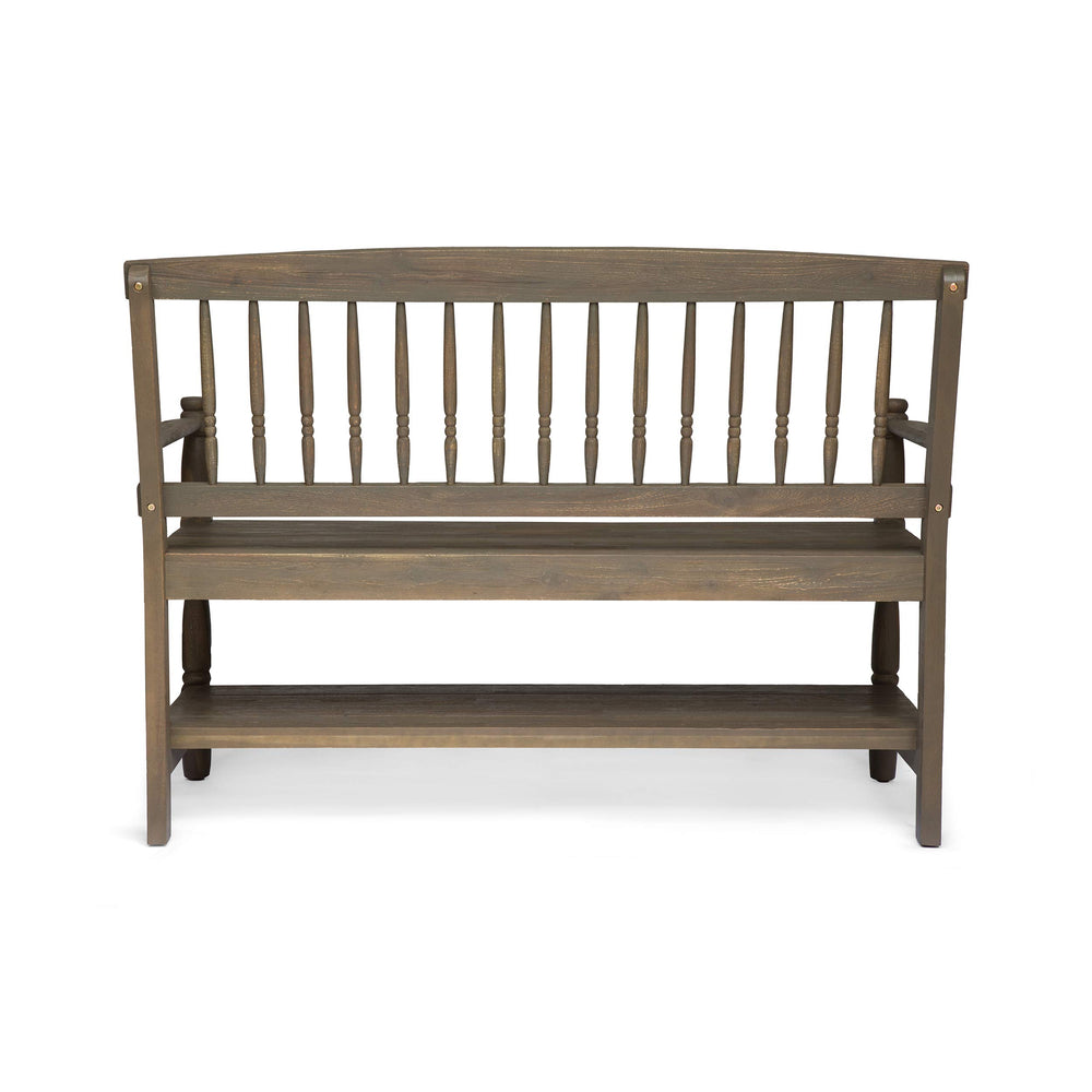 Farmhouse Acacia Wood Bench with Shelf – Gray