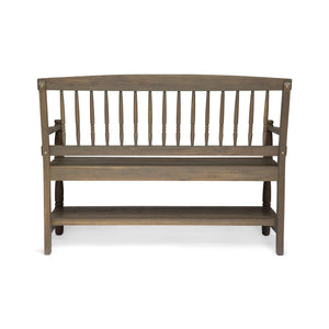 Farmhouse Acacia Wood Bench with Shelf – Gray