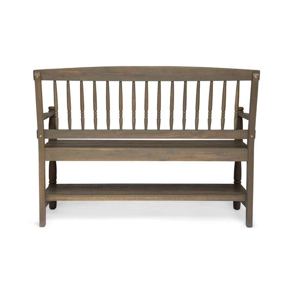 Farmhouse Acacia Wood Bench with Shelf – Gray