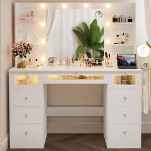 White Vanity Desk with Lighted Mirror, Glass Top & 9 Drawers