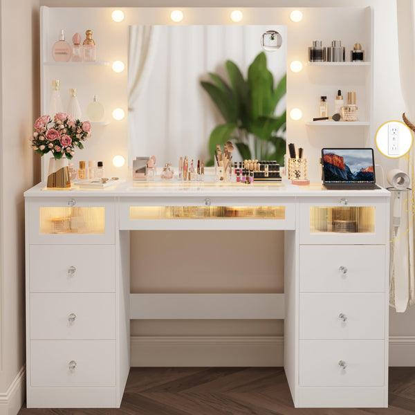 White Vanity Desk with Lighted Mirror, Glass Top & 9 Drawers