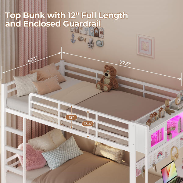 Twin Over Twin Bunk Bed with Desk & LED Light