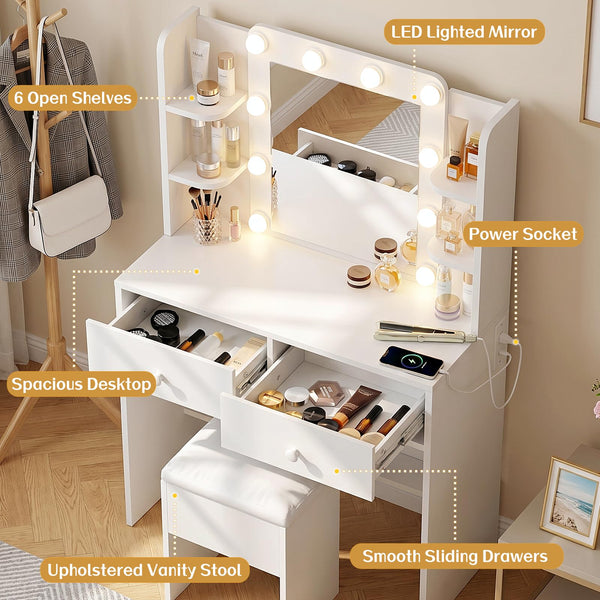 Vanity Desk with LED Mirror & Charging Station