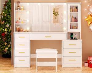 Lighted Vanity Desk with Mirror, Glass Top & Stool