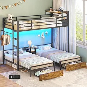 Triple Bunk Bed Twin Size with LED Lights, Charging Station & Storage Drawers