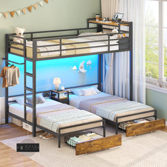 Triple Bunk Bed Twin Over Twin with LED Lights & Storage