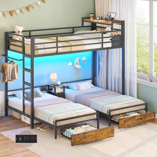 Triple Bunk Bed Twin Over Twin with LED Lights & Storage