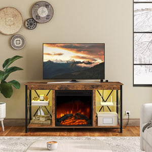 Fireplace TV Stand with Charging Station & LED Lights