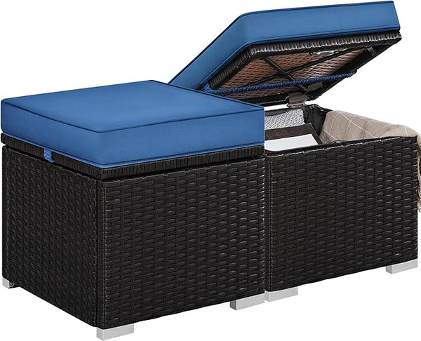 Wicker Patio Ottoman Set of 2 with Storage & Cushion