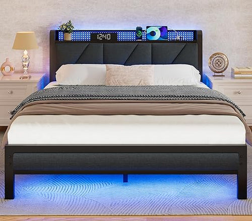 Platform Bed Frame with LED Headboard, Charging Station & Storage