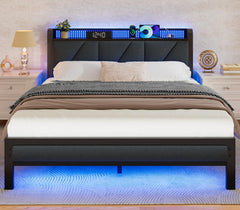 Metal Platform Bed Frame with LED Headboard & Charging Station