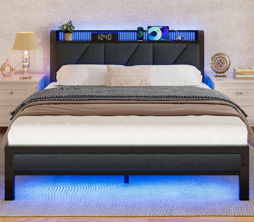 Metal Platform Bed Frame with LED Headboard & Charging Station