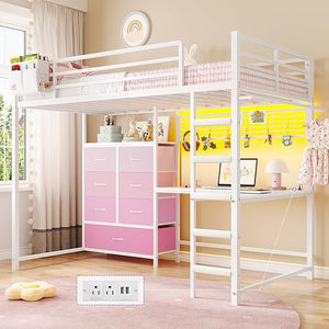 Twin Loft Bed with L-Shaped Desk & Storage Drawers
