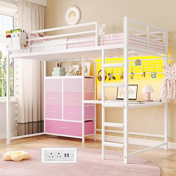 Twin Loft Bed with L-Shaped Desk & Storage Drawers