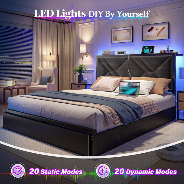 Queen Bed Frame with Storage Drawers, LED Lights & Charging Station
