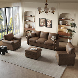 Brown Faux Leather Storage Ottoman with Nailhead Trim