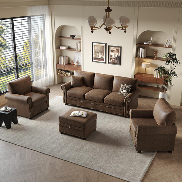 Brown Faux Leather Storage Ottoman with Nailhead Trim
