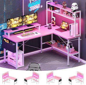 L-Shaped Gaming & Home Office Desk with Power Outlets, LED Lights & Monitor Stand