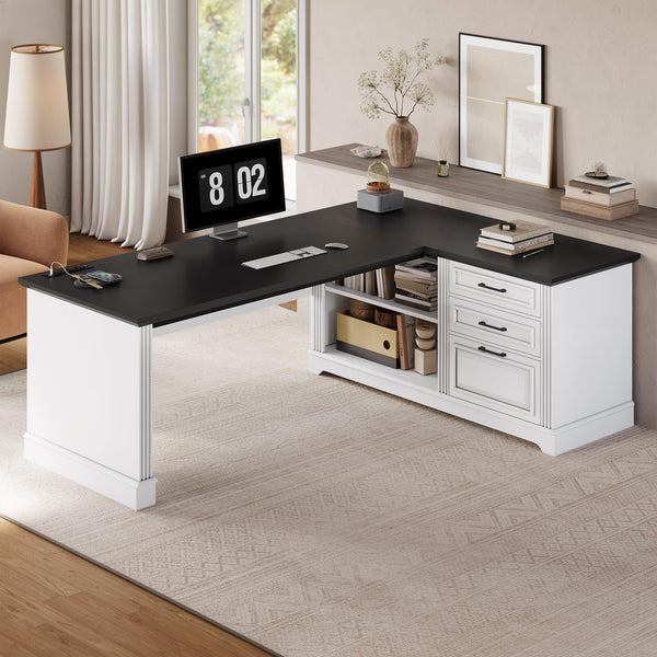 L-Shaped Executive Desk with File Drawers & Power Outlets