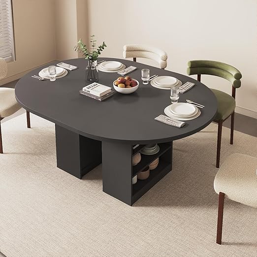 Extendable Dining Table with 3-Tier Storage Shelves & Pedestal Base