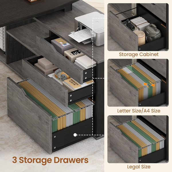 L-Shaped Executive Desk with File Cabinet and Power Outlets