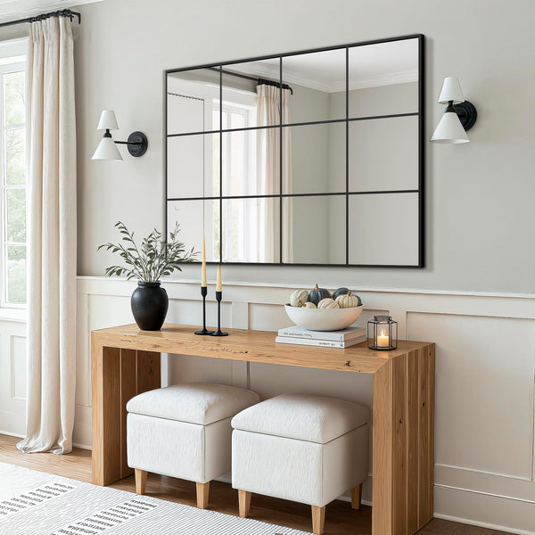 Windowpane Grid Wall Mirror – Black Metal Frame, Multi-Size