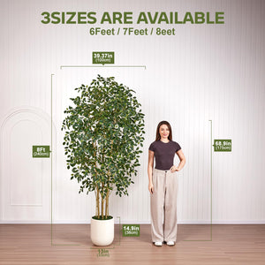 Artificial Ficus Tree – Tall Faux Indoor Floor Plant with White Planter